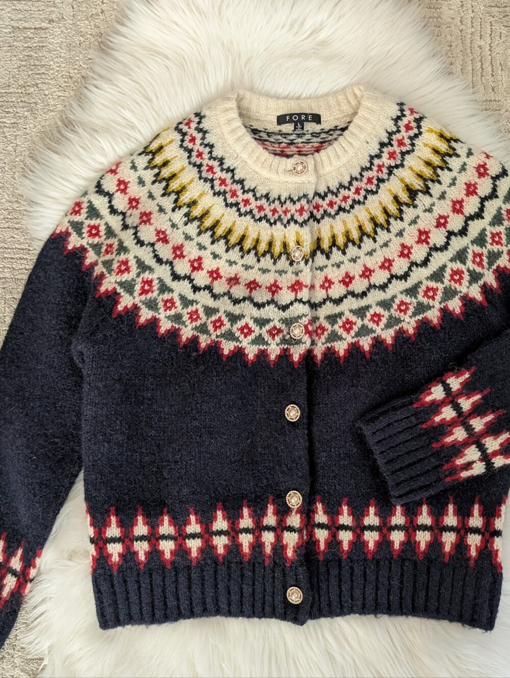 Fore Fair Isle Wool Cardigan Sweater Button Front Women's Large